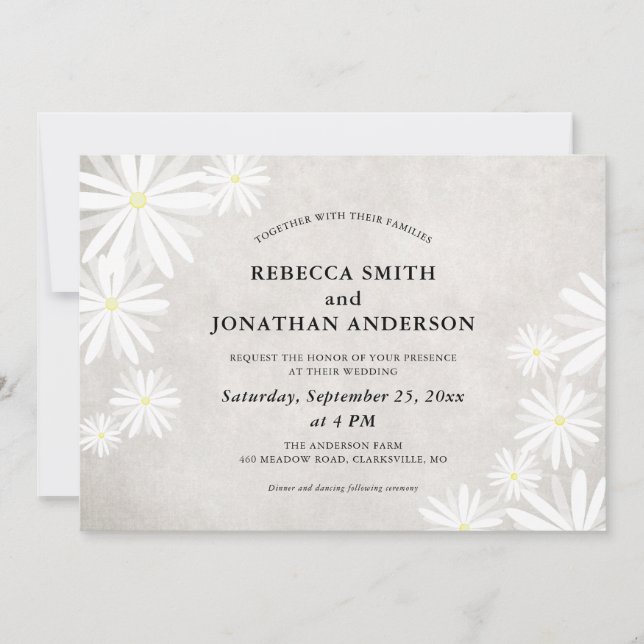 Invitación Bodas Rústicas con Margaritas Blancas Simples (Anverso)