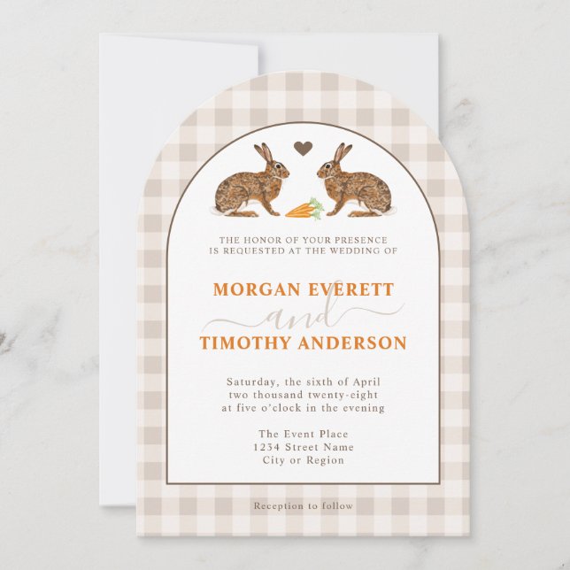 Invitación Bodas Rústicas de Bosque con Liebres sobre Gingham (Anverso)