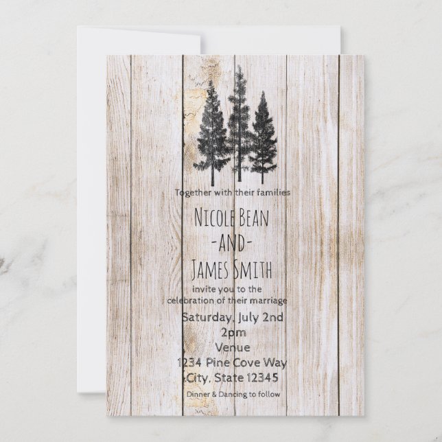 Invitación Bodas Rústicas De Campo De Árboles De Pino De Made (Anverso)