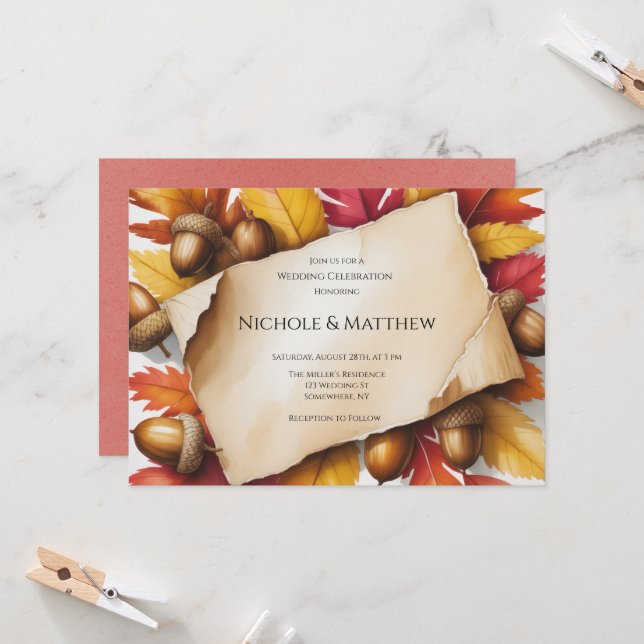 Invitación Bodas Rústicas de Hojas de Otoño y Bellotas (Anverso/Reverso In Situ)