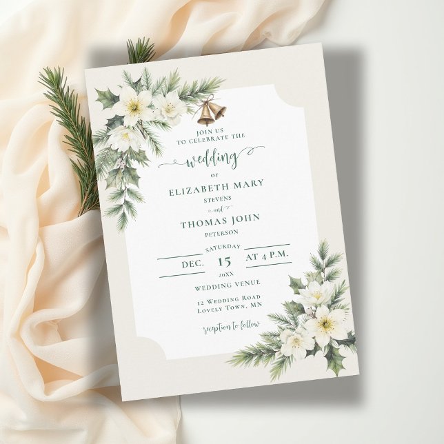 Invitación Bodas Rústicas de Navidad de Invierno con Rosas (winter wedding invitation christmas roses bells elegant rustic frame muted green botanical floral)