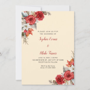Invitación Bodas Rústicas Elegantes Rosas Rojas Caída Naranja
