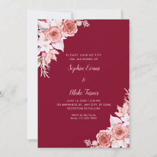 Invitación Bodas Rústicas Elegantes Rosas Rosadas Otoño Burgu