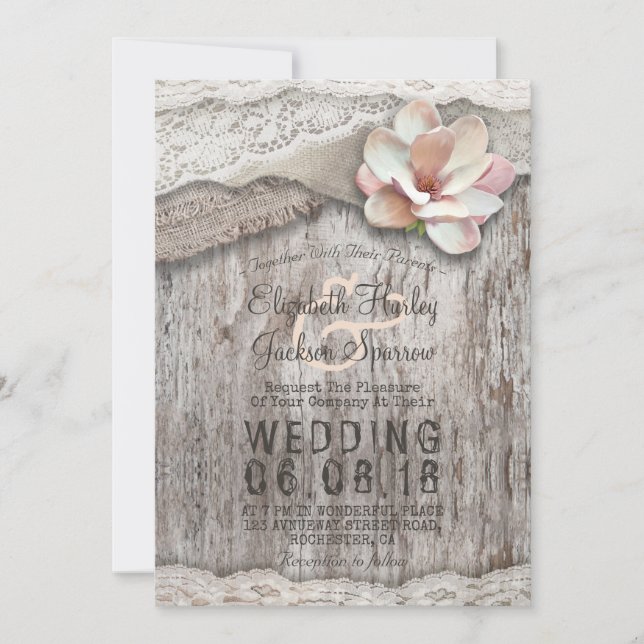 Invitación Bodas rústicas en el campo floral de la madera Bur (Anverso)