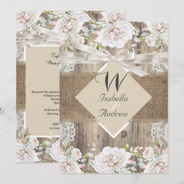 Invitación Bodas Rústicas Rosas Blancas Beige Madera Arpiller (Anverso / Reverso)