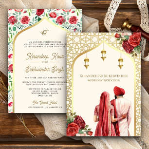 Invitación Bodas Sij Anand Karaj Rosas Rojas Oro Crema