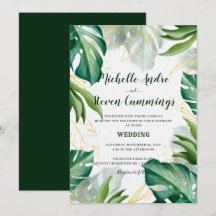 Bodas Tropicales Modernas de Hojas Verdes y Dorada