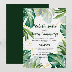 Invitación Bodas Tropicales Modernas de Hojas Verdes y Dorada