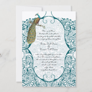 Invitación Bodas verde azulados de pavos reales con amor