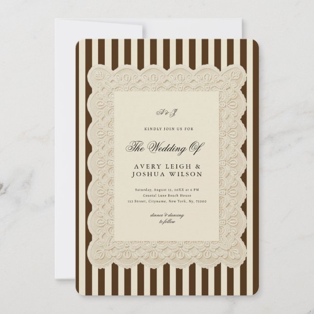 Invitación Bodas Vintage Café Marrón Rayas y Encaje (Anverso)