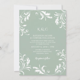 Invitación Bodas Vintage Elegantes Remolinos Verde Salvia Cla