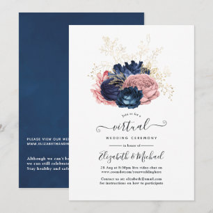 Invitación Bodas Virtuales de Rosas Vintage Rosa y Azul Marin