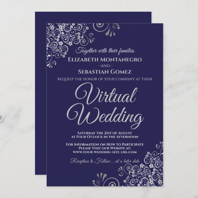 Invitación Bodas virtuales elegantes azul marino con adornos  (Anverso / Reverso)