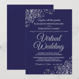 Invitación Bodas virtuales elegantes azul marino con adornos 