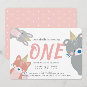 Invitación Bodega Animales Chica Rosa Blanco Primer cumpleaño
