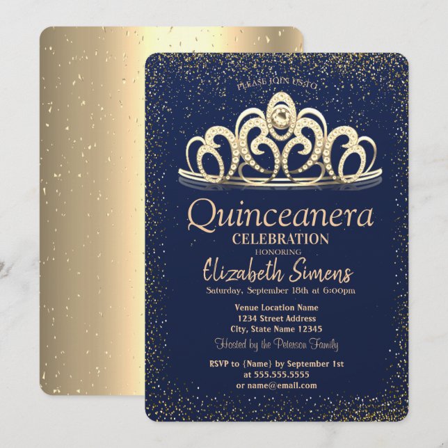 Invitación Bodega azul de la marina de Confetti de oro de Tia (Anverso / Reverso)