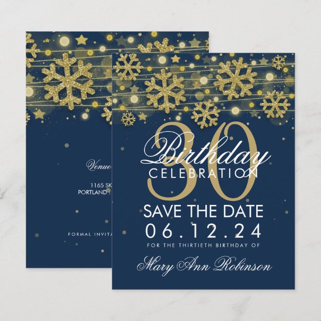 Invitación Bodega azul de la marina de oro 30 cumpleaños con  (Anverso / Reverso)