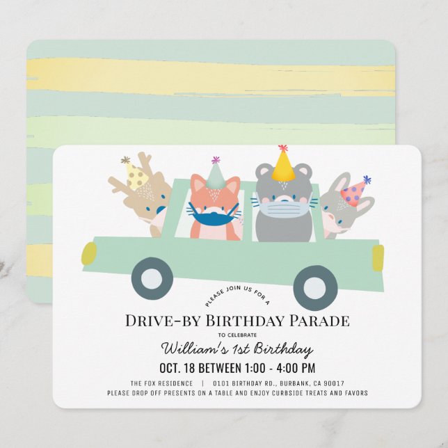 Invitación Bodega de animales Green Car Drive by Birthday (Anverso / Reverso)