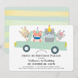 Invitación Bodega de animales Green Car Drive by Birthday