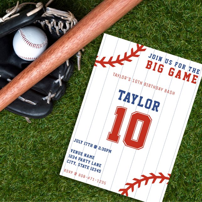 Invitación Bodega de béisbol Pinstripe 10 cumpleaños (Baseball Softball Pinstripe 10th Birthday Party Invitation)