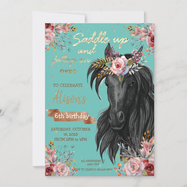 Invitación Bodega de cumpleaños Watercolor Pony (Anverso)