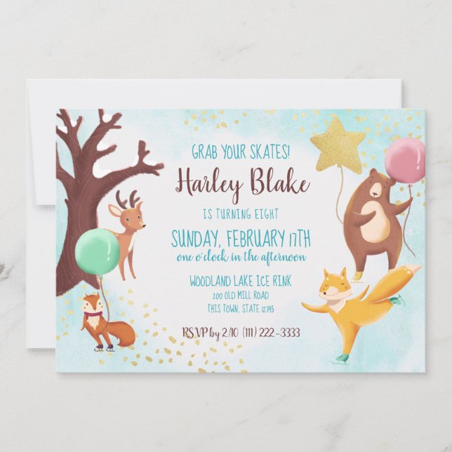 Invitación Bodega de invierno Patinaje sobre hielo Animales s (Anverso)