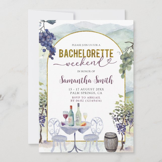Invitación Bodega de Napa Valley Bachelorette Weekend Itinera (Anverso)