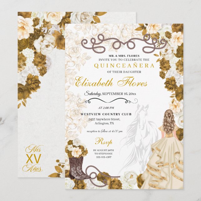 Invitación Bodega de oro Charro Western Quinceañera (Anverso / Reverso)