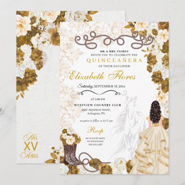 Invitación Bodega de oro Charro Western Quinceañera (Anverso / Reverso)