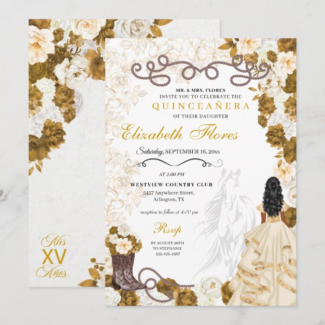 Invitación Bodega de oro Charro Western Quinceañera (Anverso / Reverso)