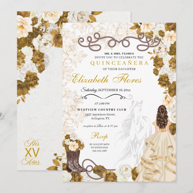 Invitación Bodega de oro Charro Western Quinceañera (Anverso / Reverso)