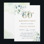 Invitación Bodega de oro Eucalipto Fiesta de cumpleaños númer<br><div class="desc">Esta invitación a la fiesta de cumpleaños número 60 incluye eucalipto de color agua pintada y hojas verdes con números de oro botánico.</div>