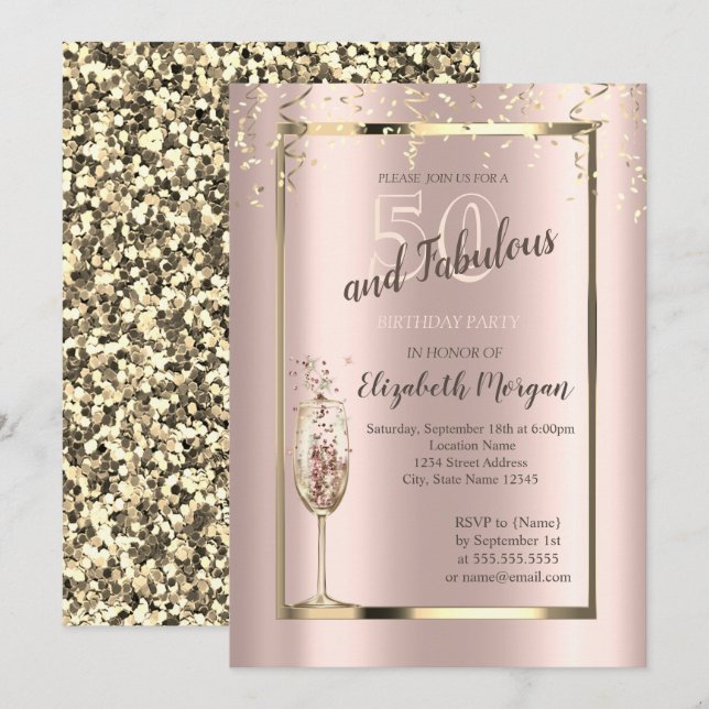 Invitación Bodega de oro Purpurina Champagne Glass 50 cumplea (Anverso / Reverso)