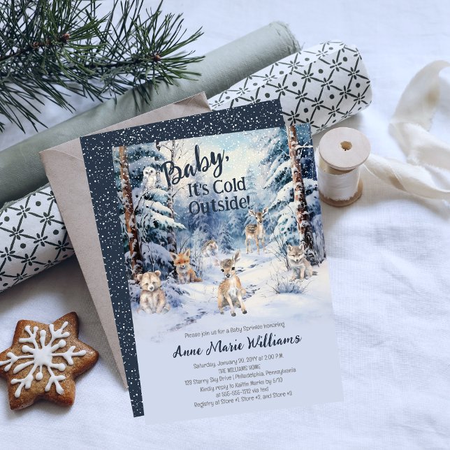 Invitación Bodega de Woodland Bebé Animales Niño Niño Bebé Sp (Blue Rustic Woodland Animals Baby It's Cold Outside Boy Baby Sprinkle Invitation)