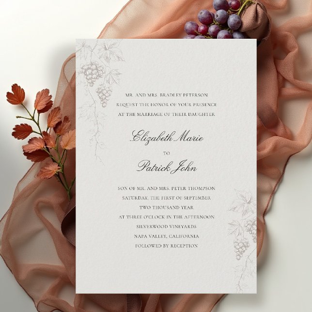 Invitación Bodega Fall Vineyard Moderno Clásico Ecru Boda (fall vineyard wedding invitation winery grapevine formal modern classic black tie ecru faux embossed)