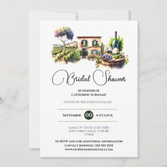 Invitación Bodega vinícola acuarela viña ducha de novia (Anverso)