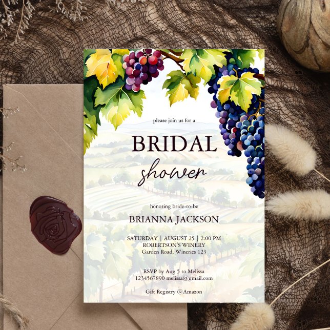 Invitación Bodega vitícola de verano jardín ducha de novia (Vineyard winery summer grapes garden bridal shower invitation editable template instant download)