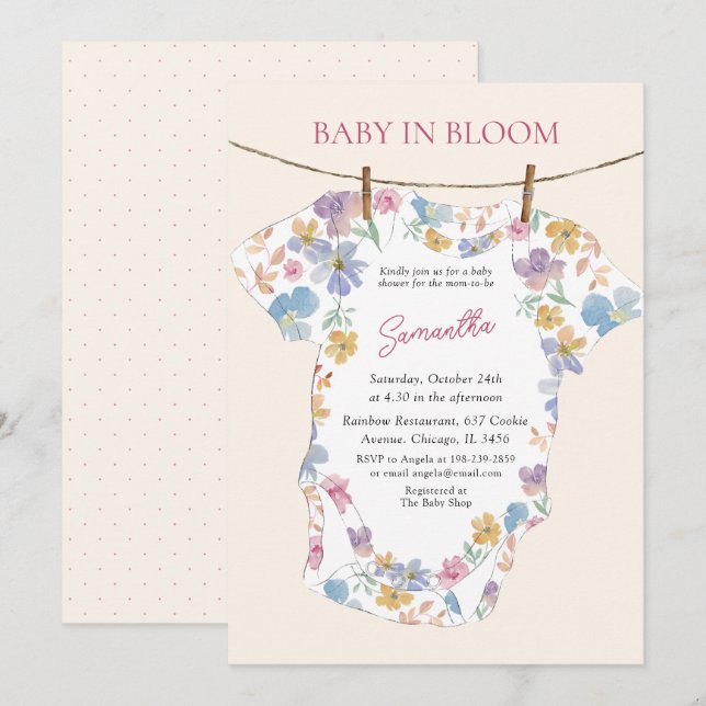 Invitación Body de Bebé Pastel Caprichoso en Flor (Anverso / Reverso)