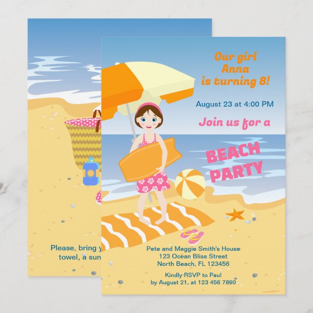Invitación Bodyboard chica fiesta de cumpleaños de la playa (Anverso / Reverso)