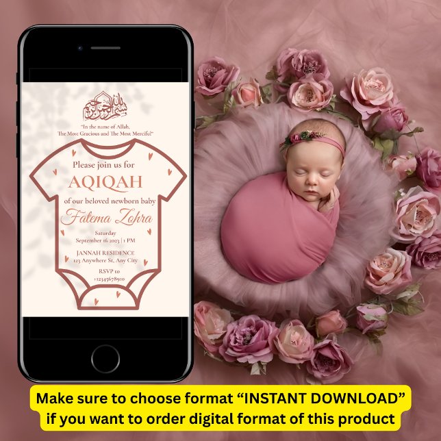 Invitación Bodysuit Aqiqah Rosa Niña Bebé Musulmana Islámica (Subido por el creador)