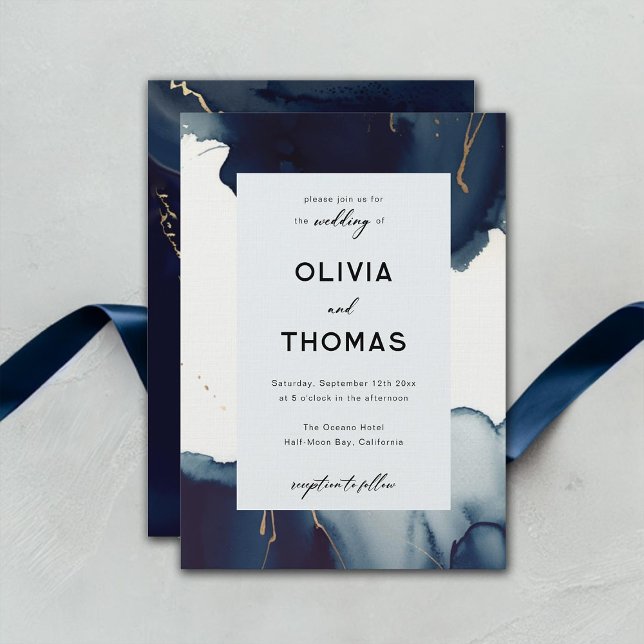 Invitación Bohemia bohemiana de oro azul de la marina de marc (navy blue gold beach wedding invitation winter summer modern romantic elegant bohemian chic)