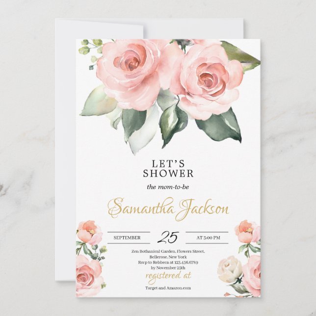 Invitación Bohemia Boho dorado rosa floral Baby Shower (Anverso)