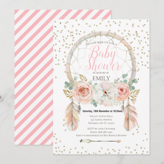 Invitación Bohemia Cazadora de Sueños en Rosa Dora (Anverso / Reverso)