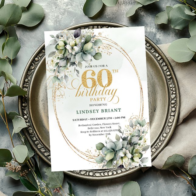 Invitación Bohemia de Cumpleaños 60 Verde y Dorado (Bohemian 60th Birthday Green And Gold Invite

)