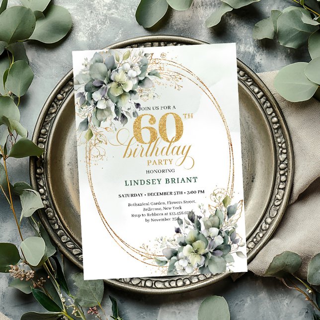 Invitación bohemia de hoja para cumpleaños 60 con  (Greenery 60th Birthday Bohemian Leaf Invite

)