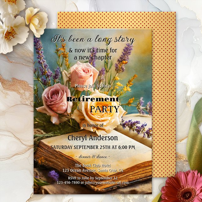 Invitación Bohemia de libros antiguos de retiro floral (Shabby chic or bohemian retirement invitation showing a vintage book with pretty roses and lavender)