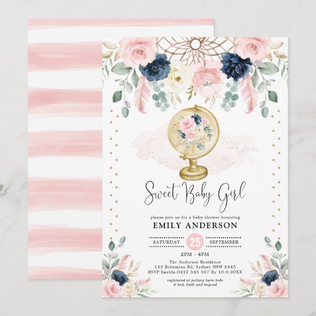 Invitación Bohemia Dreamcatcher Navy Rubor Gold Baby Shower (Anverso / Reverso)