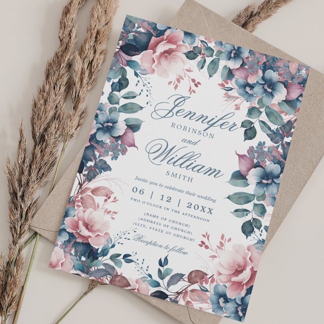 Invitación Bohemia Floral Dusty Blue Elegant Wedding (Bohemian Floral Dusty Blue Elegant Wedding Invitation)