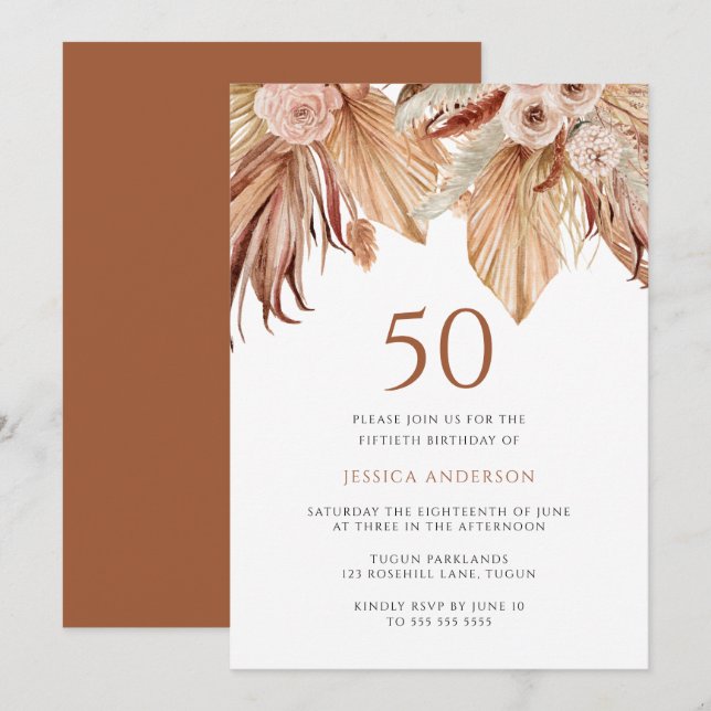 Invitación Bohemia Floral Terracotta Boho 50 cumpleaños (Anverso / Reverso)