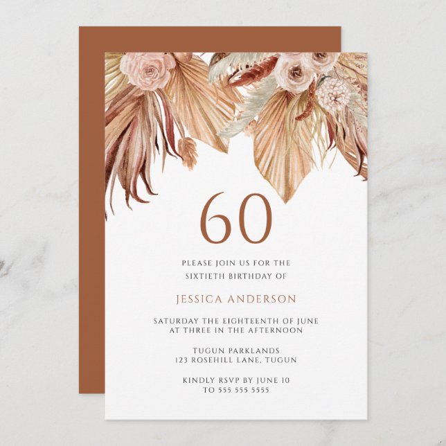 Invitación Bohemia Floral Terracotta Boho 60º cumpleaños (Anverso / Reverso)